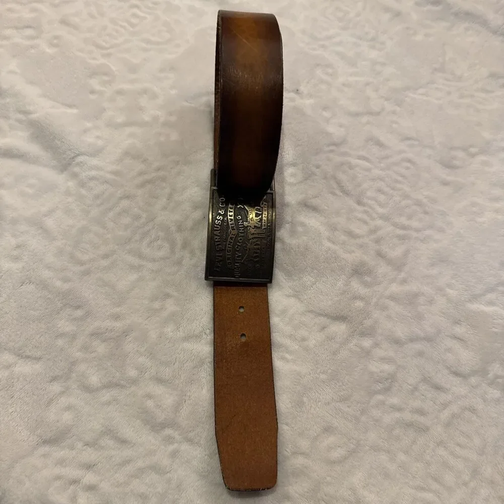 70s LEVIS Strauss Belt & Buckle 36 Tan Brass Hand Stained Latigo Leather 2 Horse